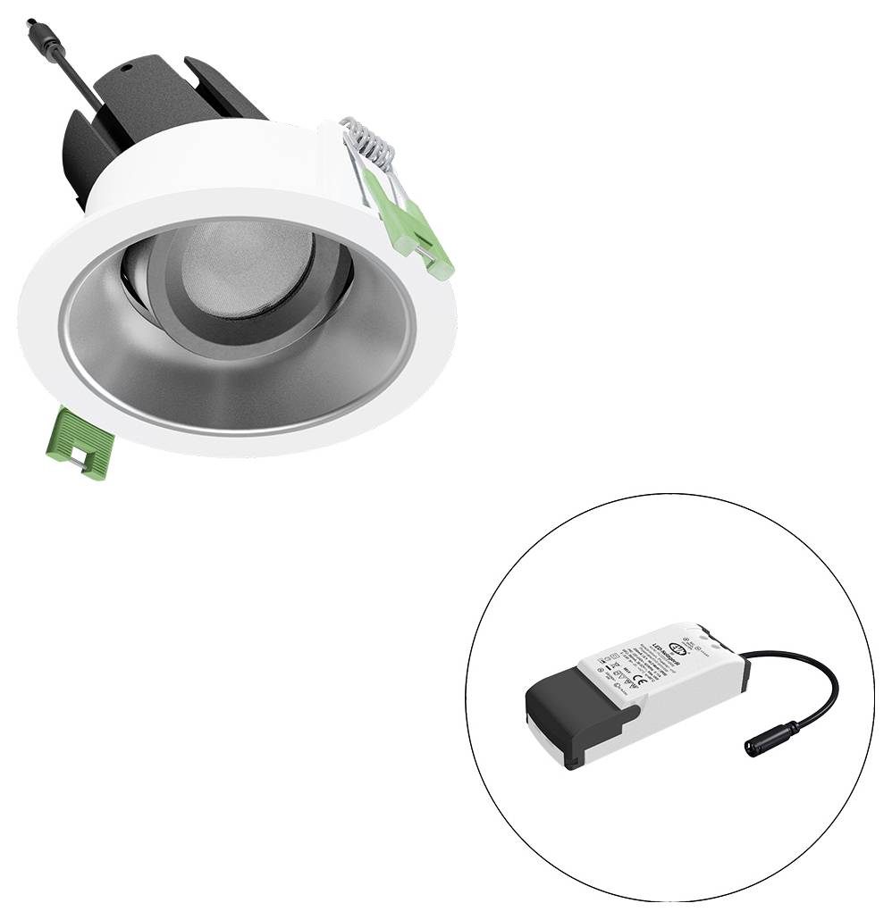 Eingelassene LED-Einbauleuchte mit Federklemmen und separater Treibereinheit in einem Kreis dargestellt.