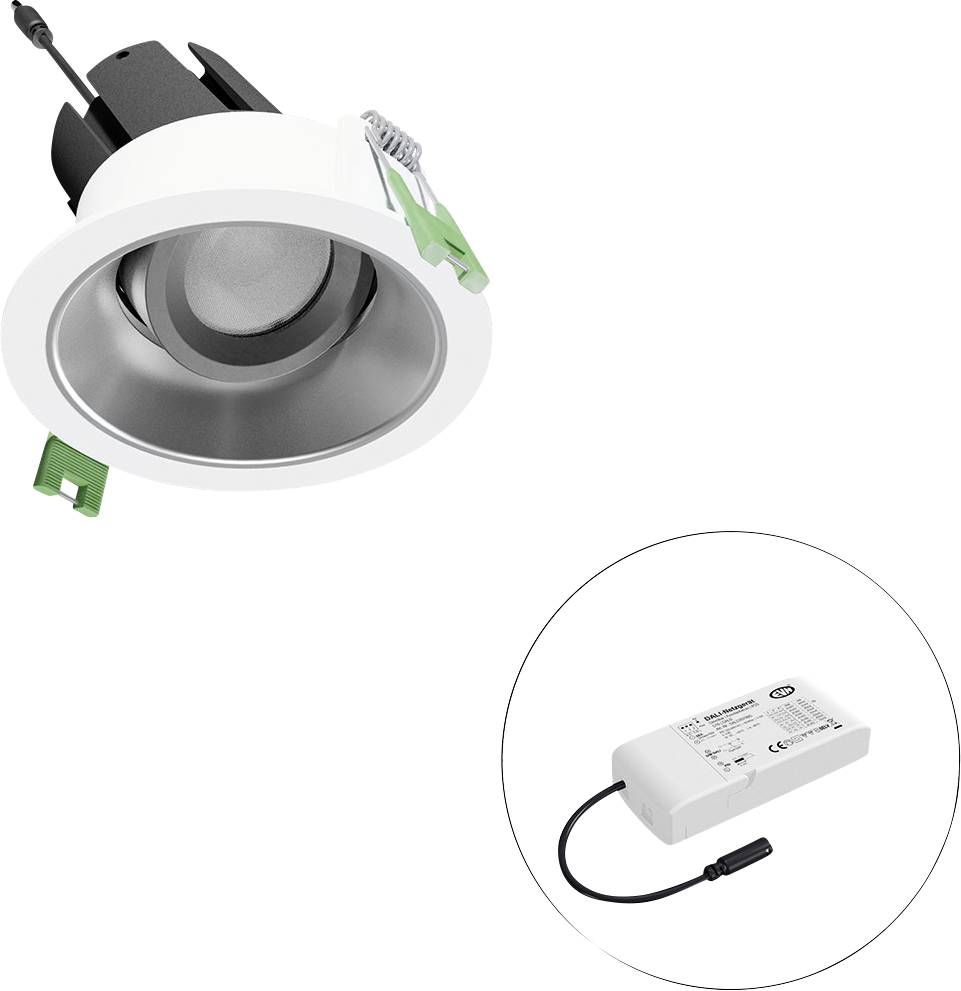 LED-Einbaustrahler mit Federklemmen, abgebildet mit separatem Treiber-Netzteil.