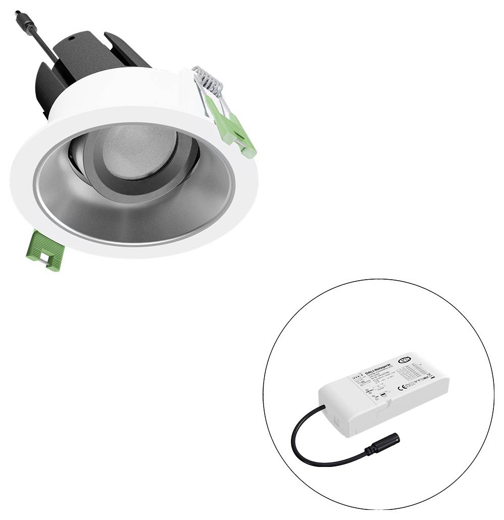 Eingebaute LED-Einbauleuchte mit Federklammern und angebautem Treiber, dargestellt in einem Ausschnittkreis.