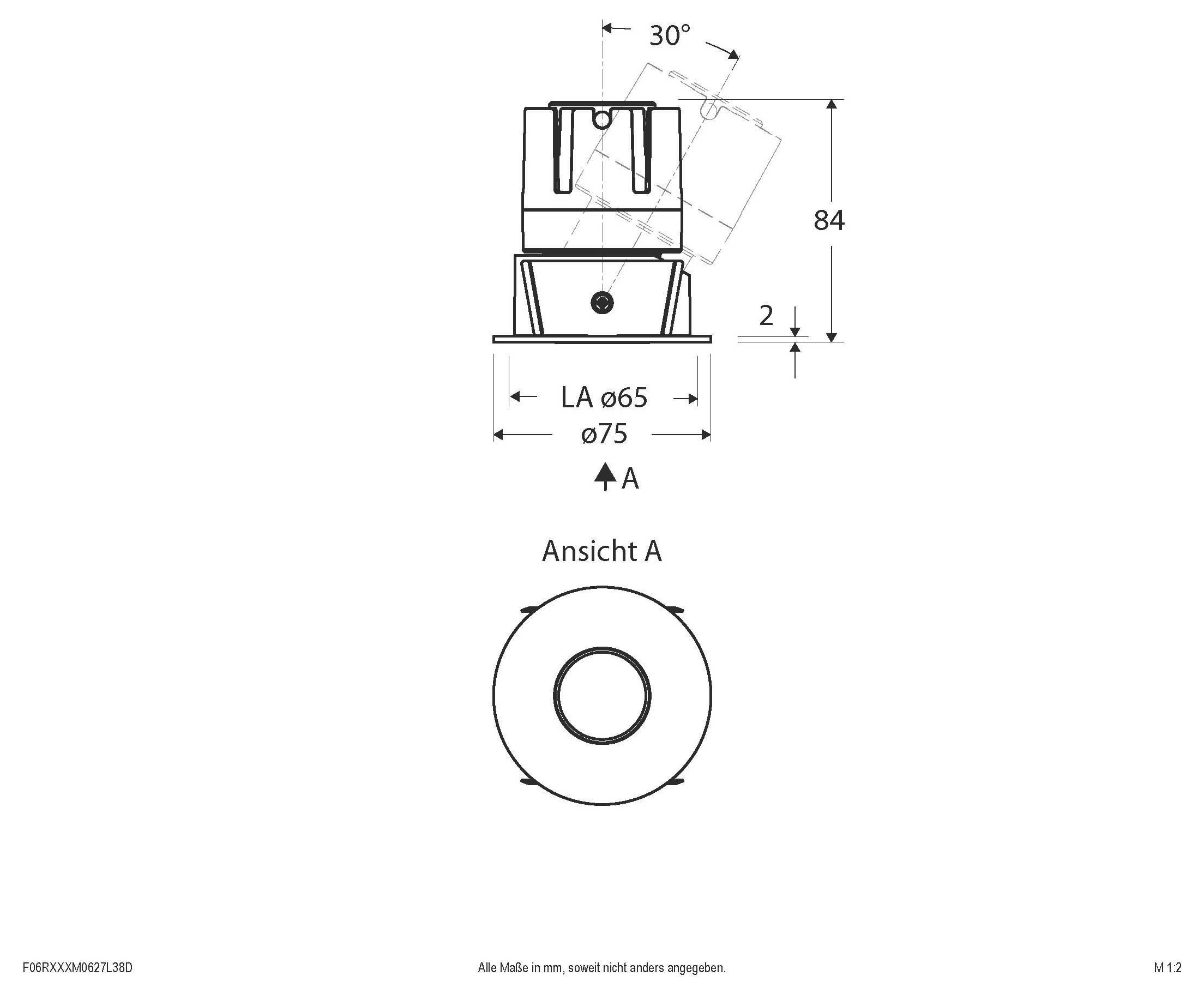 Technische Maßstabzeichnung eines zylindrischen Teils mit Seiten- und Draufsicht mit Abmessungen: 84 mm Höhe, 30° Winkel, ø75 Außendurchmesser und LA ø65 Innendurchmesser.