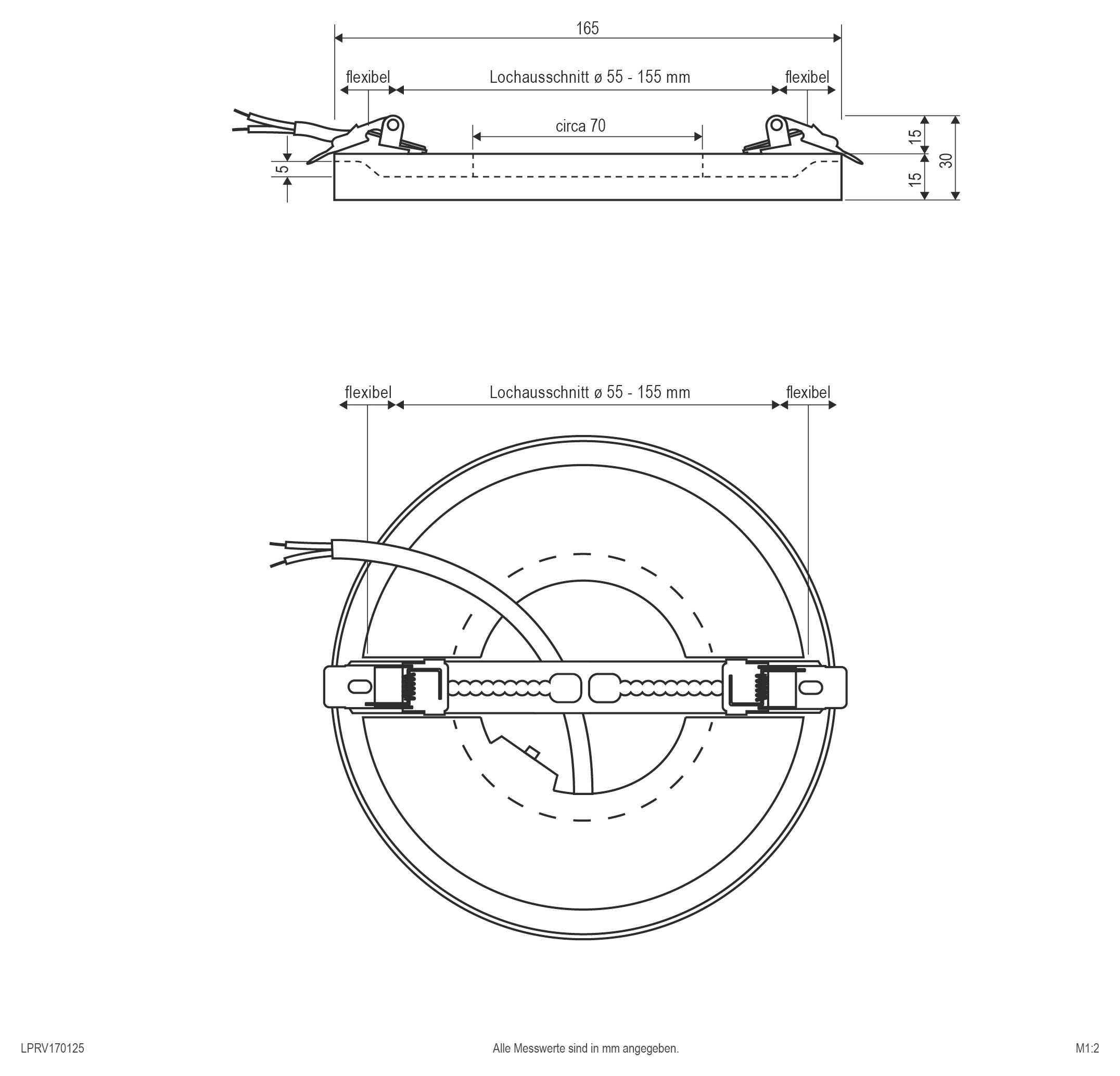 Technische Zeichnung einer kreisförmigen eingelassenen Leuchte, die Seiten- und Vorderansichten mit Abmessungen von 95 mm Höhe, 355° Rotation, 30° Neigung und Ausschnittgrößen von 92/104 mm zeigt.