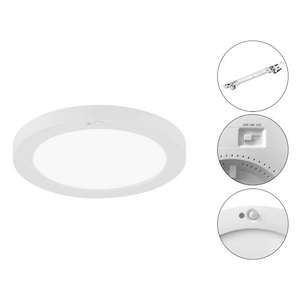 Rundes LED-Panel, weiß, mit drei Nahaufnahmen: Gehäusebefestigung, Schalter für Farbtemperatur, und Detail der Sensoreinstellung.