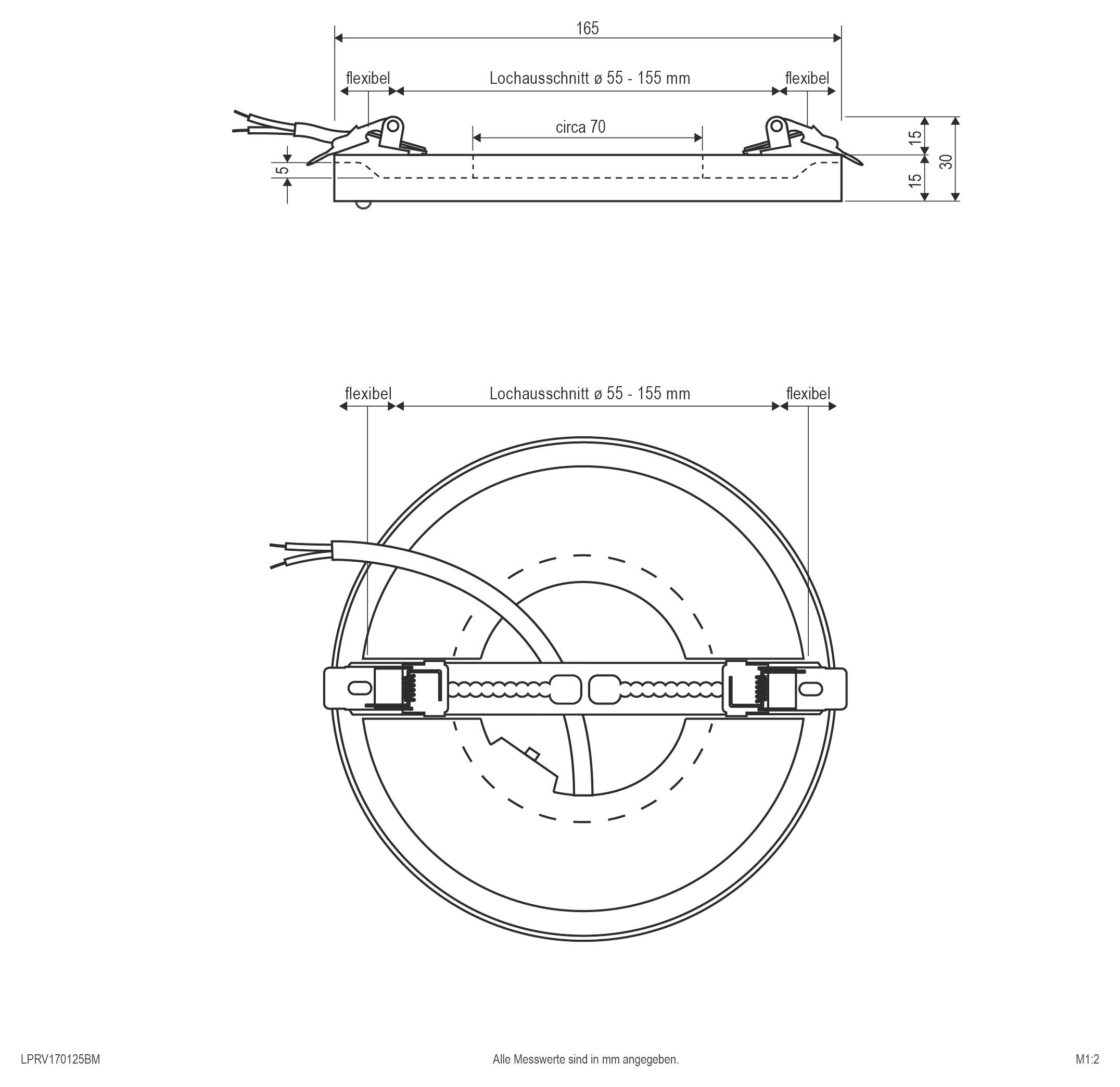 Technisches Diagramm einer kreisförmigen Leuchte mit Montageklammer-Abmessungen und verstellbarem Lochabstand, gekennzeichnet mit 55–155 mm und etwa 70 mm.