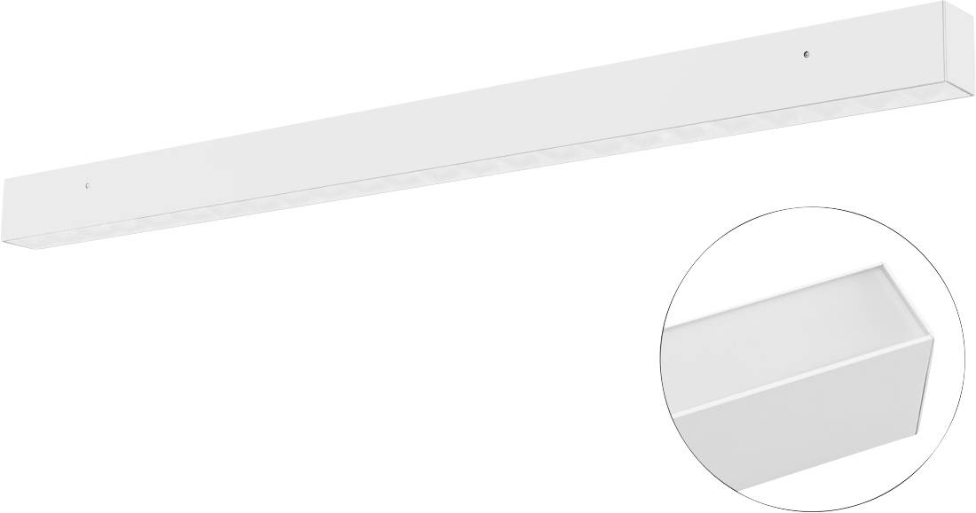 Lange weiße rechteckige LED-Leuchte diagonal auf weißem Hintergrund dargestellt, mit einer kreisförmigen Einblendung, die die Endkappe/Detail vergrößert.