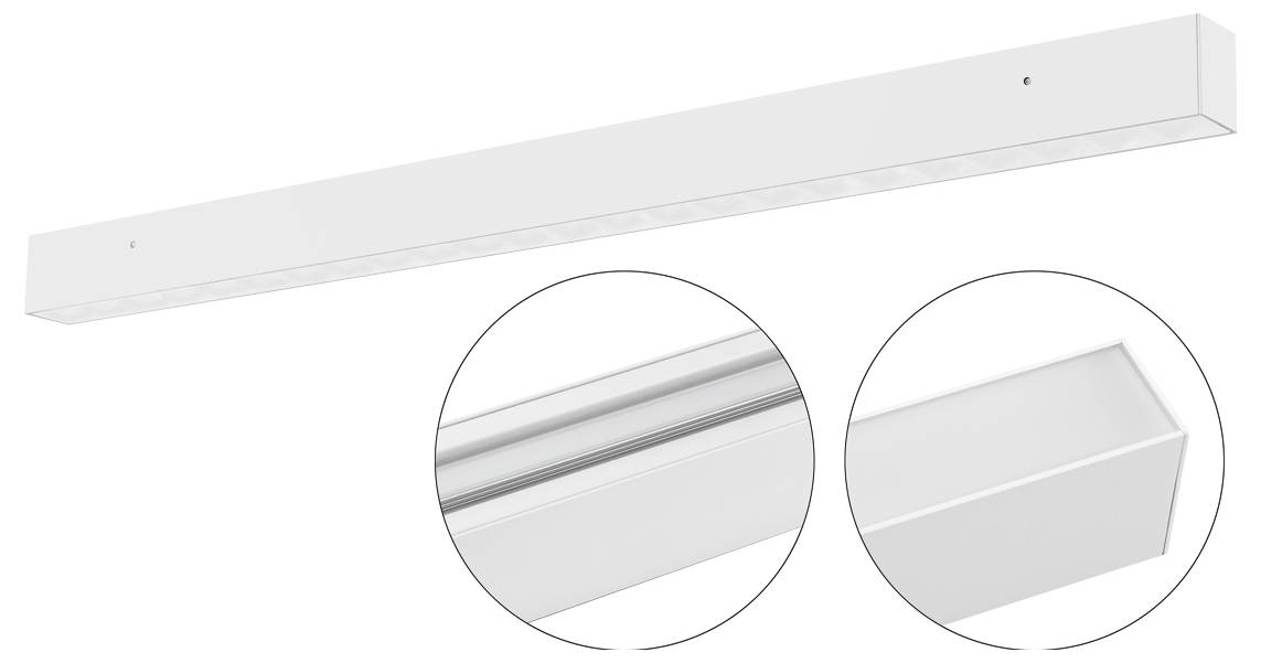 Weißes lineares Lichtleuchten-Erzeugnis in Perspektive gezeigt, mit zwei kreisförmigen Nahaufnahmen, die die Diffusor- und Endkappe-Details hervorheben.