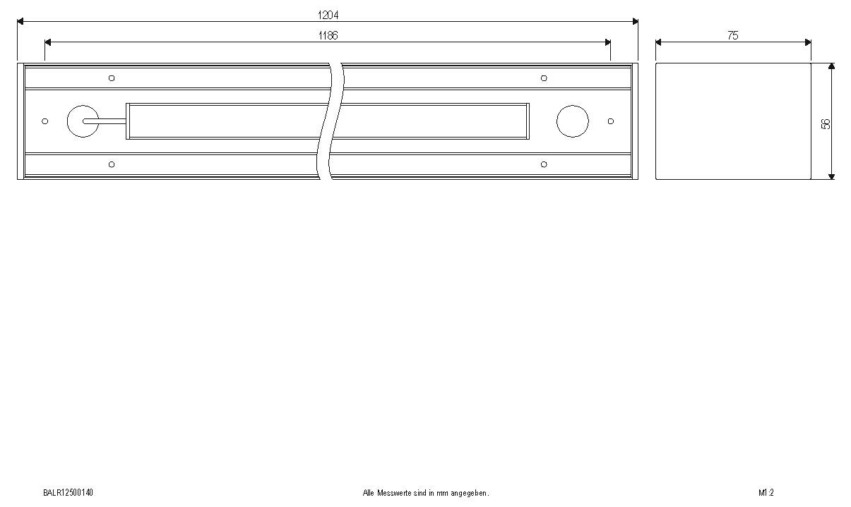 Technische Zeichnung eines langen rechteckigen Panels mit den Abmessungen 1204 x 75 mm, die einen zentralen Schlitz und Befestigungslöcher sowie eine Seitenansicht auf der rechten Seite zeigt.