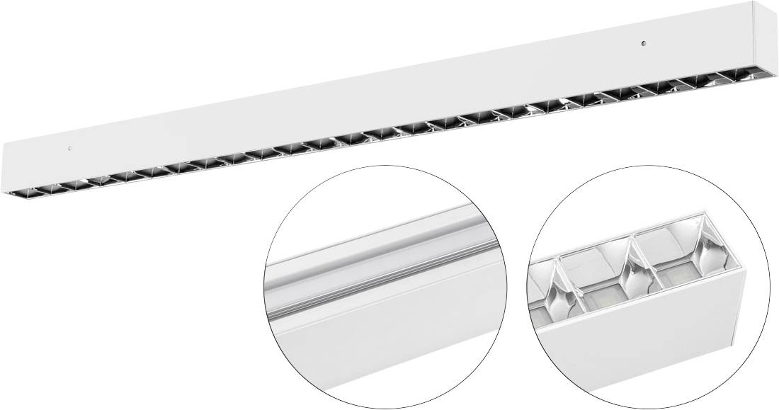 Schlanke weiße lineare Deckenleuchte mit zwei Detailaufnahmen ihrer Oberfläche und des internen Reflektordesigns.