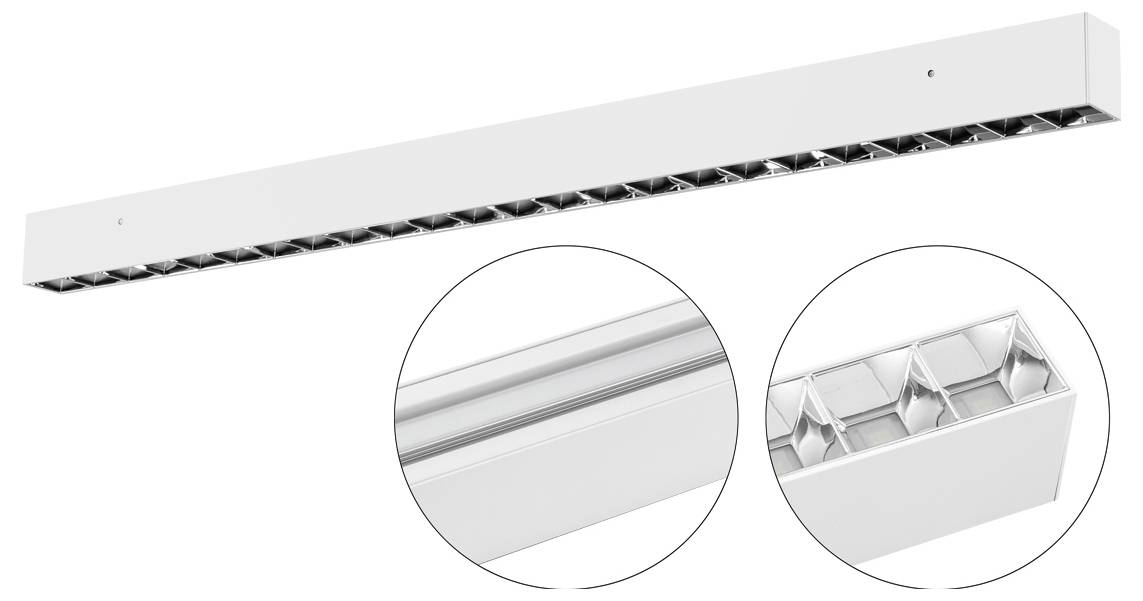 Weiße lineare LED-Leuchte mit zwei eingefügten Nahaufnahmen, die das Diffusor- und das interne Reflektor-/Lampengehäuse zeigen.