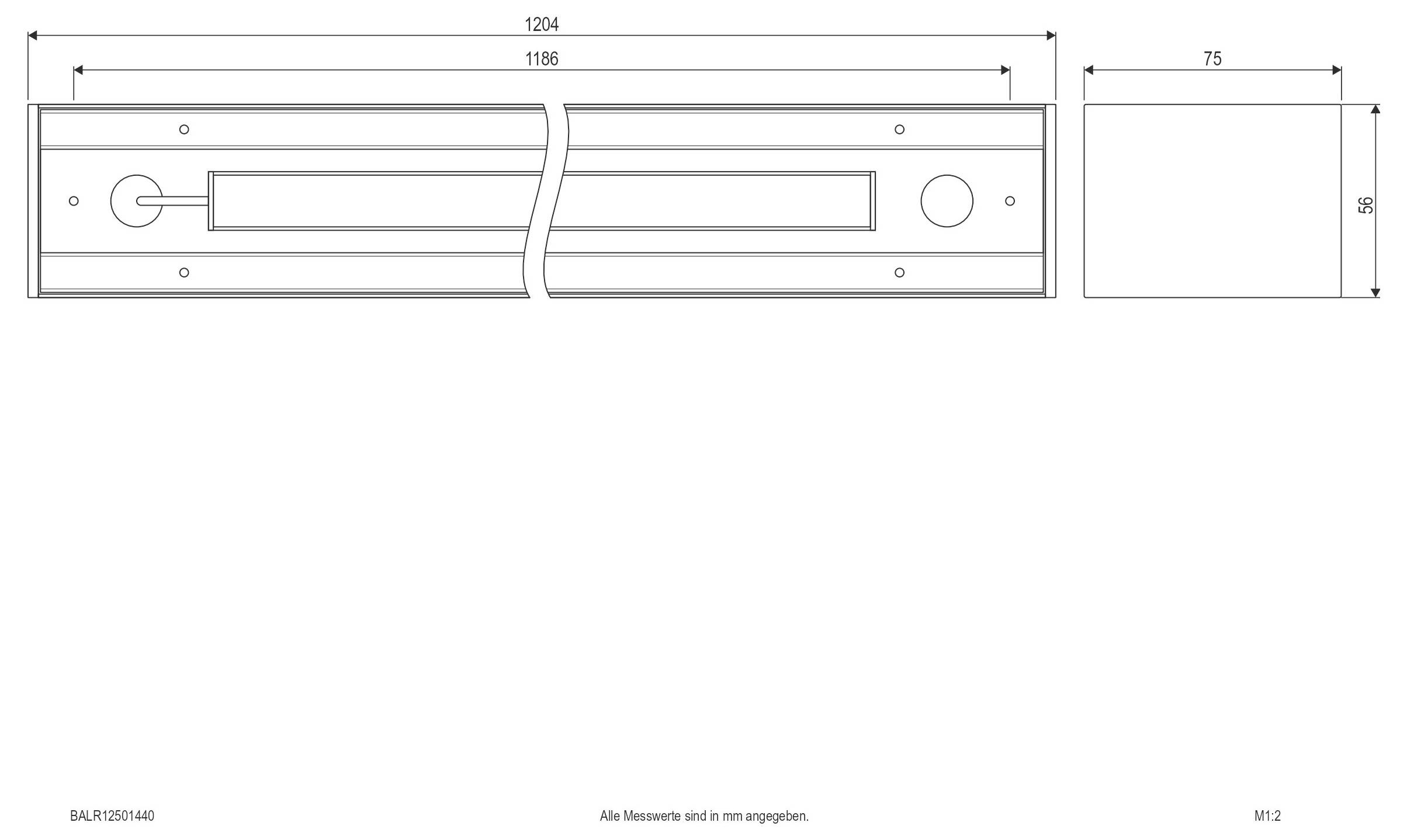 Technische Zeichnung einer rechteckigen Metallplatteneinheit mit Abmessungen von 1204 x 56 mm und einer separaten Seitenansicht von 75 x 56 mm.