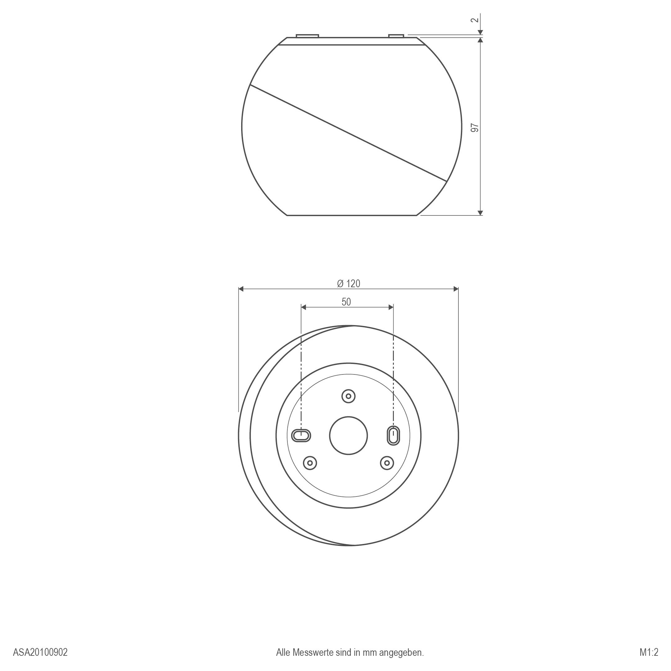Technische Zeichnung eines runden Geräts mit Vorder- und Seitenansicht mit Abmessungen: 120 mm Durchmesser, 97 mm Höhe und 50 mm innerer Abstand.