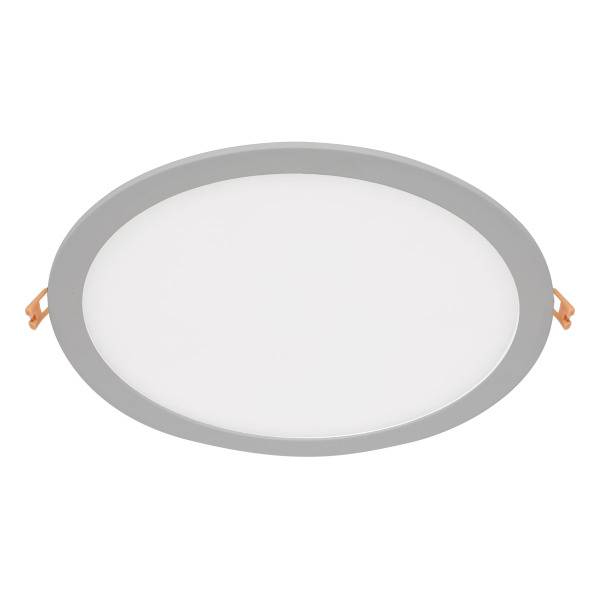 Runde, graue Einbauleuchte mit weißem Mittelteil und orangefarbenen Clips an den Seiten, geeignet für moderne Deckenbeleuchtung.