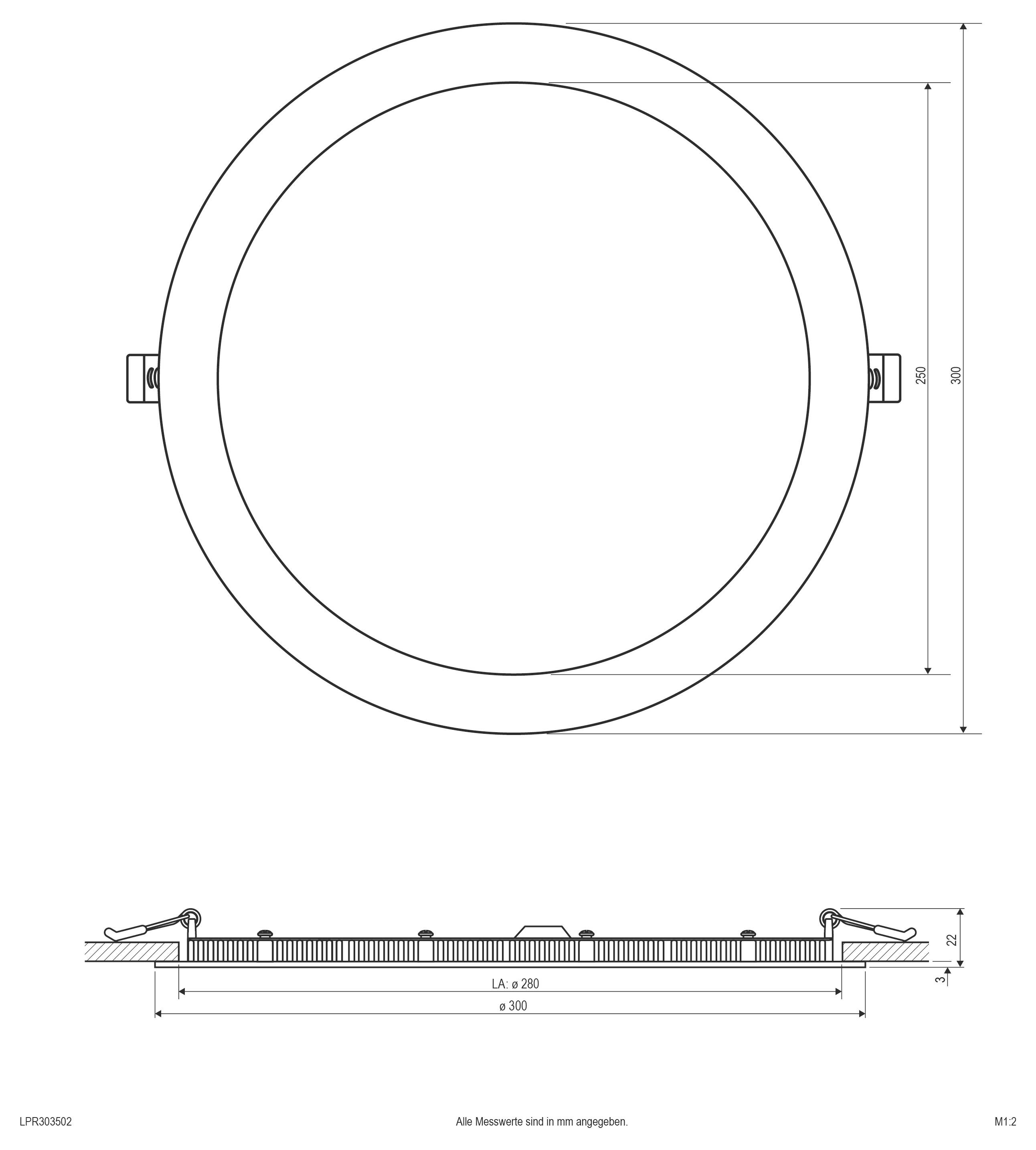 Technische Zeichnung eines runden Einbau-Leuchten-Panels, das Vorderansicht und Seitenansicht mit Durchmesser- und Dickendimensionen in Millimetern zeigt.