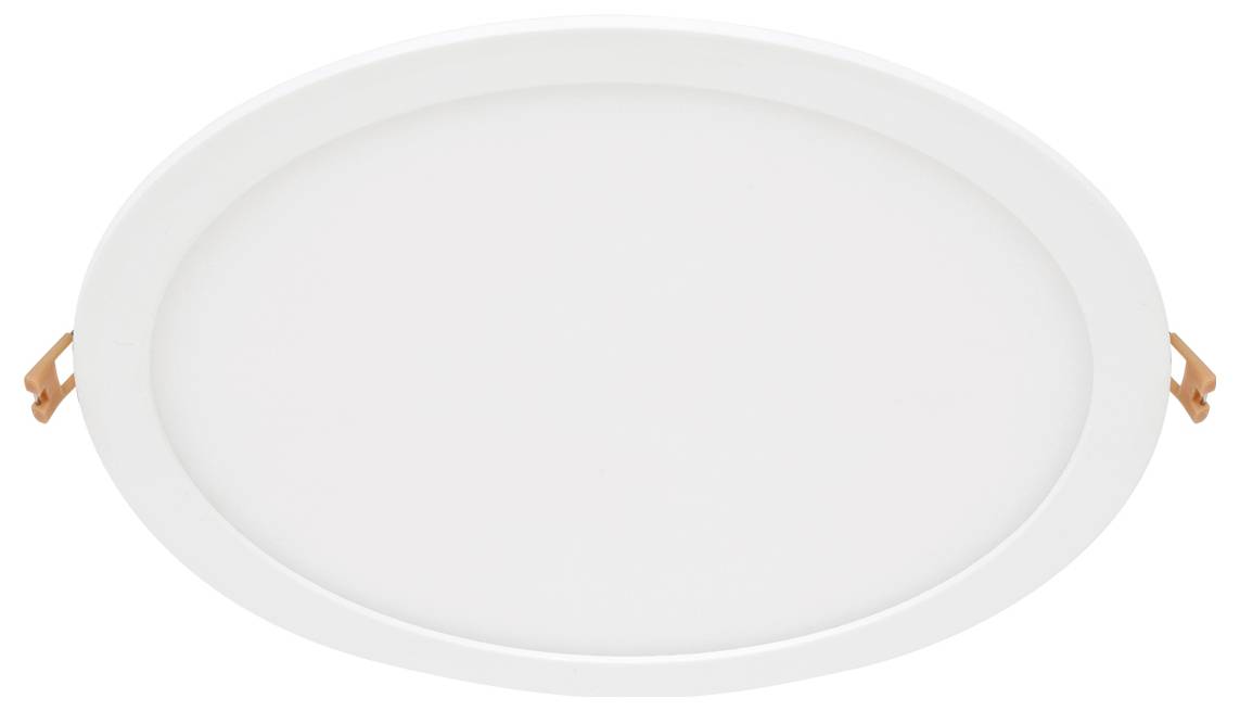 Weiße ovale LED-Deckenleuchte mit seitlichen Federclips, Frontansicht auf neutralem Hintergrund dargestellt.