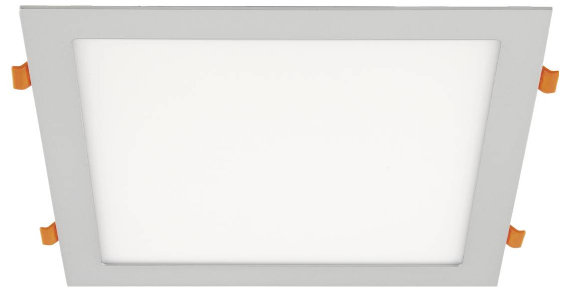 Rechteckige Einbau-LED-Deckenleuchte mit weißem Diffusor und orangefarbenen Befestigungsclips