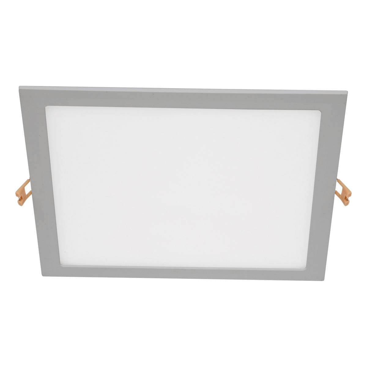 Eine quadratische LED-Deckenleuchte mit grauem Rahmen und weißen Lichtpaneel, geeignet für moderne Innenräume.