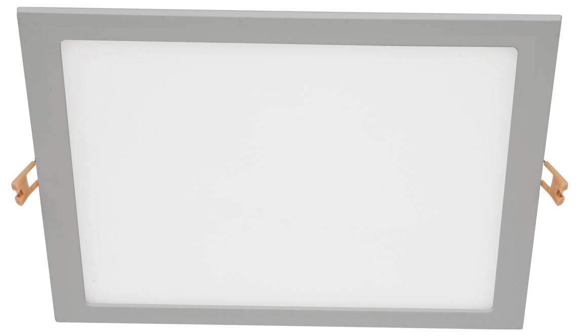 Rechteckige versenkte LED-Deckenleuchte mit grauem Rahmen und weißem Diffusor, von unten gezeigt mit Federclips auf beiden Seiten.