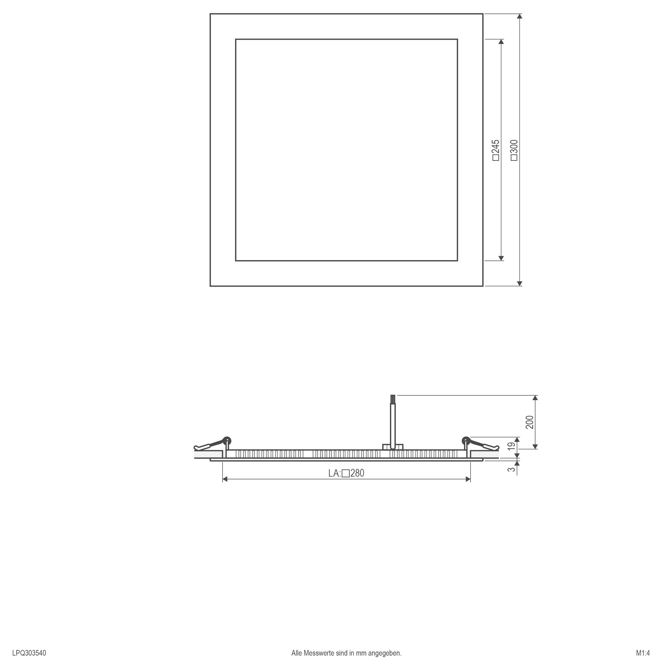 Technische Zeichnung eines quadratischen Vertiefungspaneels mit den Abmessungen D245 und D300 sowie einer Seitenansicht, die das Installationsprofil LA 1280 und Höhenmessungen zeigt.