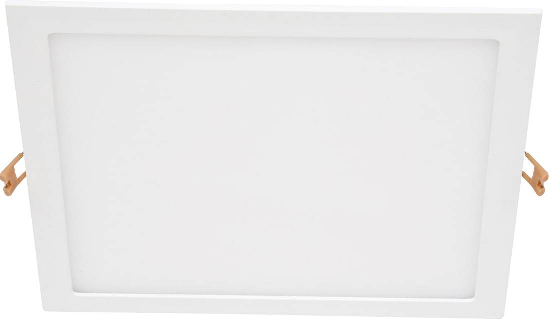 Weiße rechteckige Deckeneinbauleuchte mit seitlichen orangefarbenen Federklemmen zur Befestigung