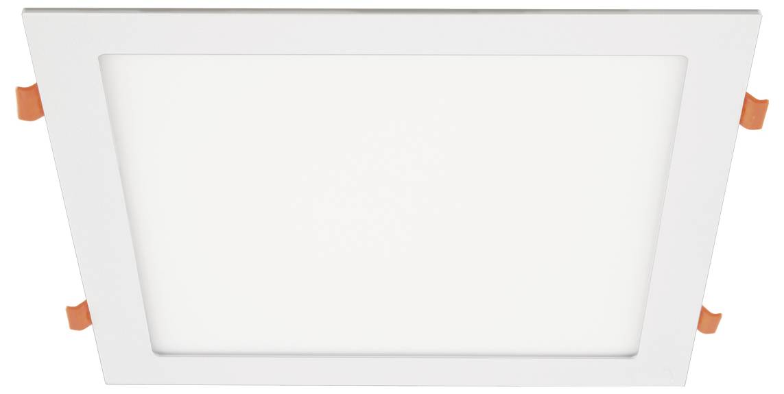 Weiße bündige quadratische Deckenleuchte mit orangefarbenen Befestigungsclips an den Seiten.