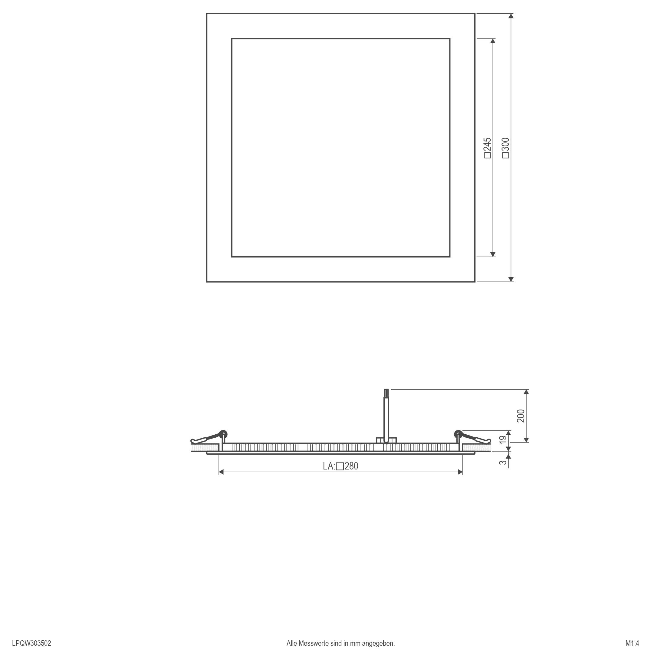 Technische Zeichnung einer quadratischen Panelleuchte mit Vorder- und Seitenansicht, beschriftet mit 300 mm Außengröße, 245 mm Innengröße, 280 mm Länge und 20 mm Tiefe.