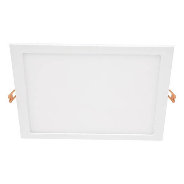 Rechteckige weiße LED-Deckenleuchte mit orangefarbenen Befestigungsklammern an beiden Seiten, in Draufsicht dargestellt.