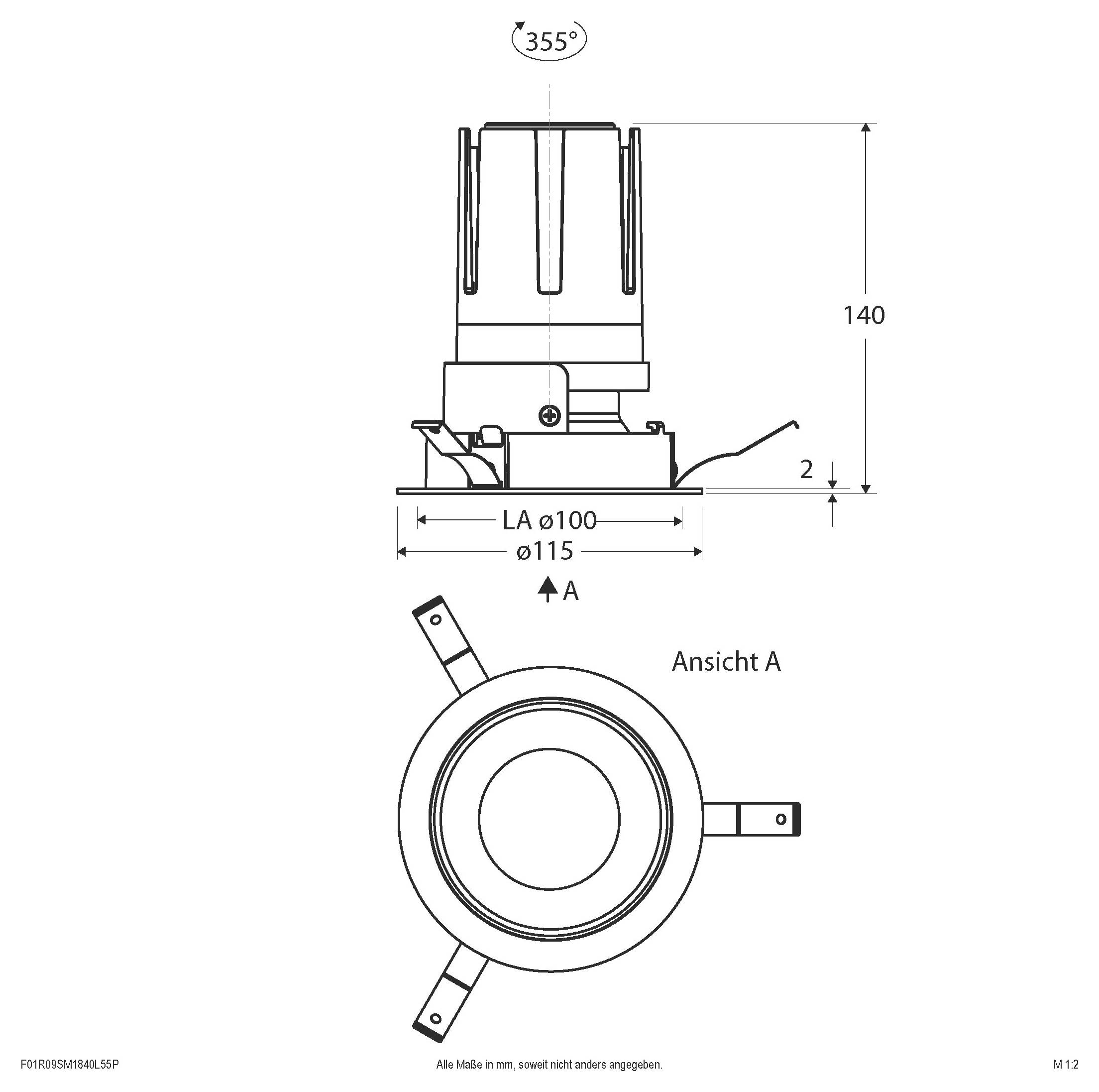 Technische Zeichnung einer zylindrischen Komponente mit Seiten- und Draufsicht mit Abmessungen: 355° Rotation, 140 Höhe, 115 Durchmesser, 100 Montagefläche.