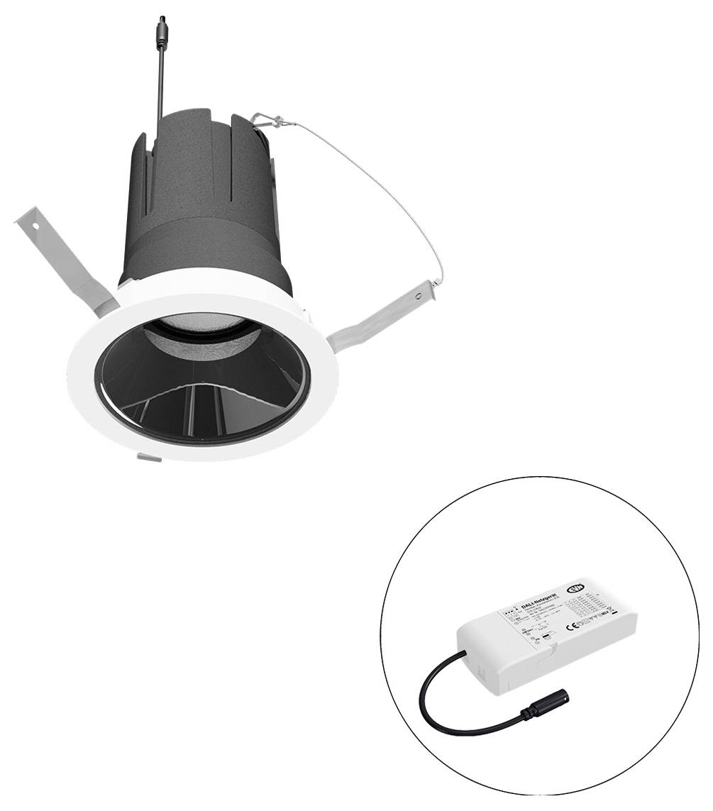 LED-Einbaustrahler mit Befestigungsfedern und Treiber, wie unten in einem Ausschnitt gezeigt.