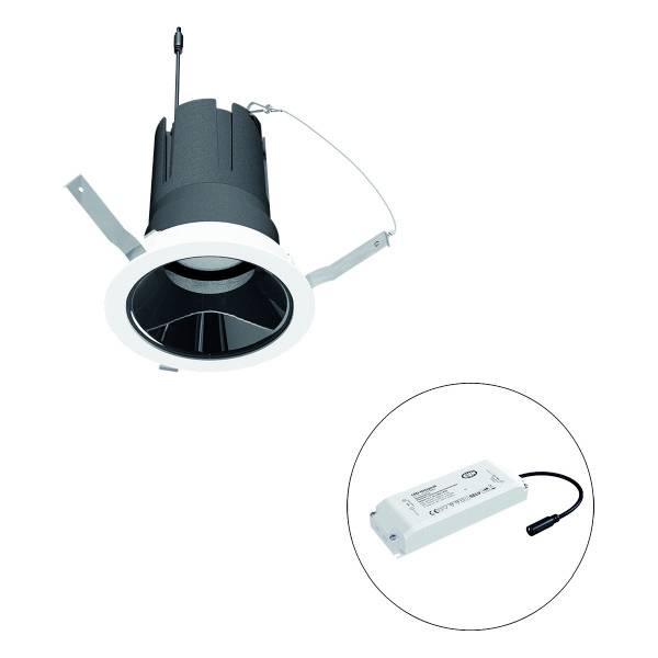 Ein LED-Deckeneinbaustrahler in Schwarz mit rundem Gehäuse. Im Bild unten rechts ist ein zugehöriger LED-Treiber abgebildet.