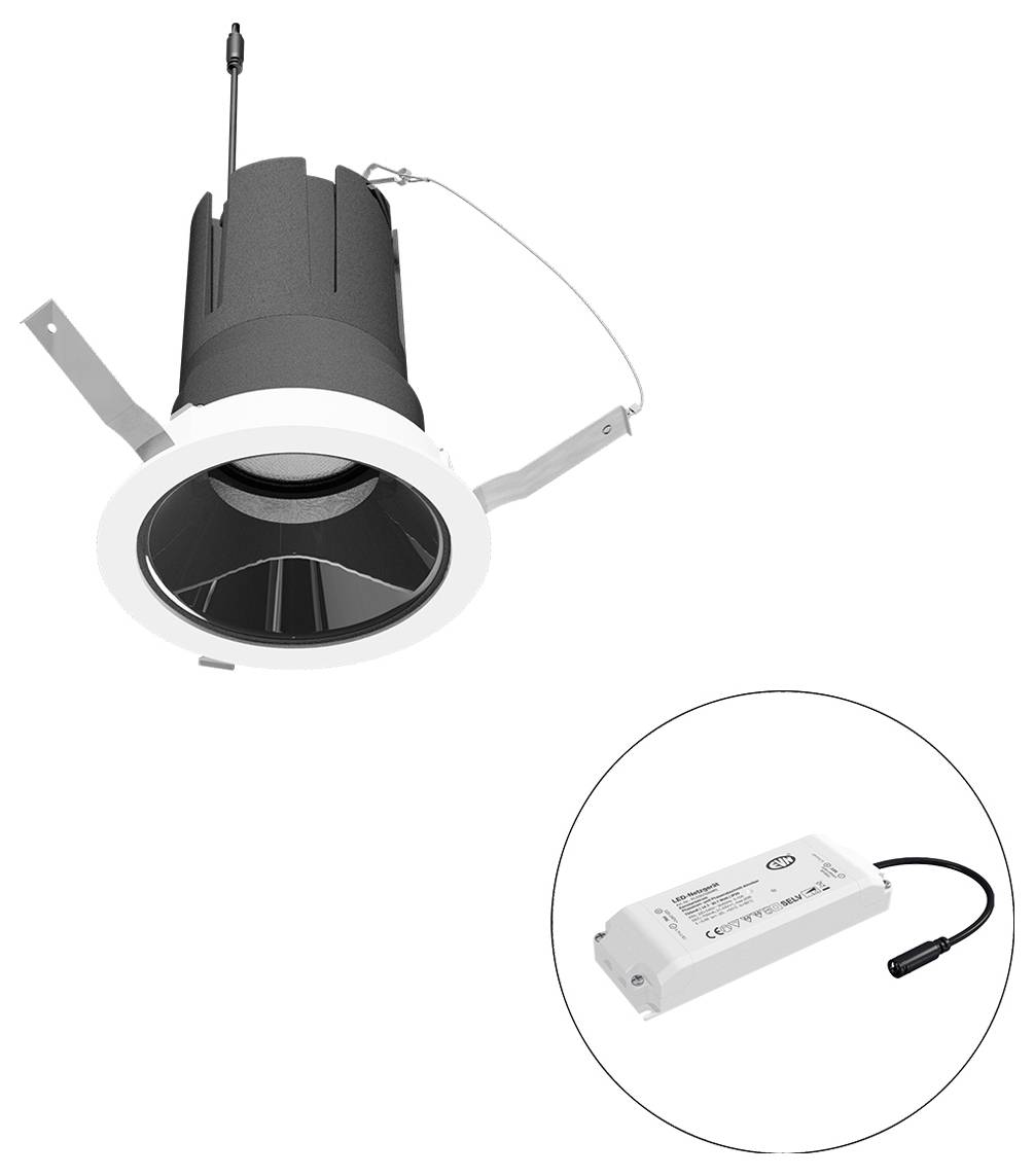 Eingebaute LED-Einbauleuchte mit Blende, Montageferdern und separatem Treibermodul, Detailaufnahme auf weißem Hintergrund.