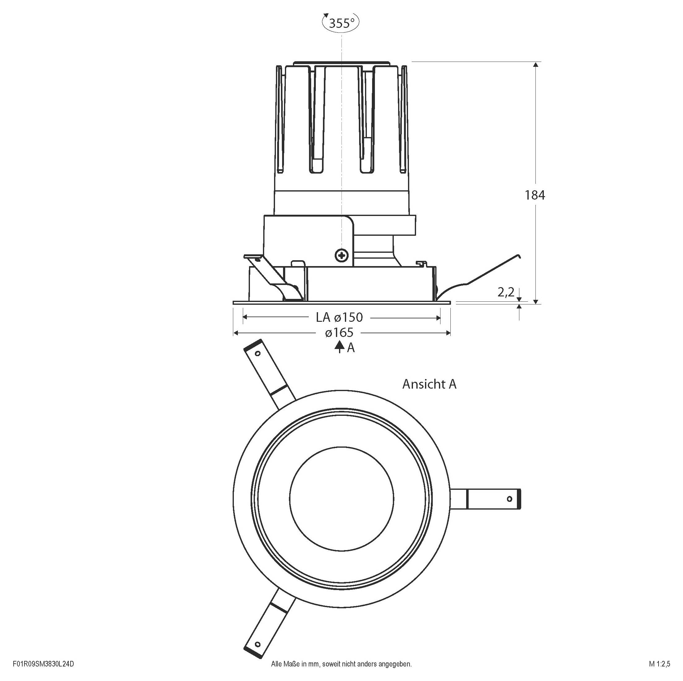 Technische Zeichnung einer quadratischen Befestigungsvorrichtung mit Seitenansicht und Draufsicht, die Abmessungen von 150 x 150/165 x 165, Höhe 184 und Rotationswinkel von 355° und 30° zeigt.