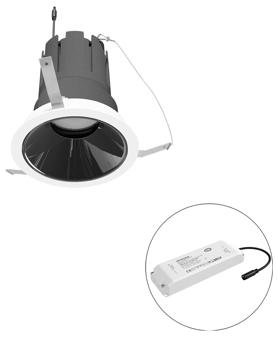 Eingebaute LED-Downlightleuchte mit schwarzem Reflektor und weißer Blende, gezeigt mit ihrem separaten Treiber in einem eingefügten Kreis.