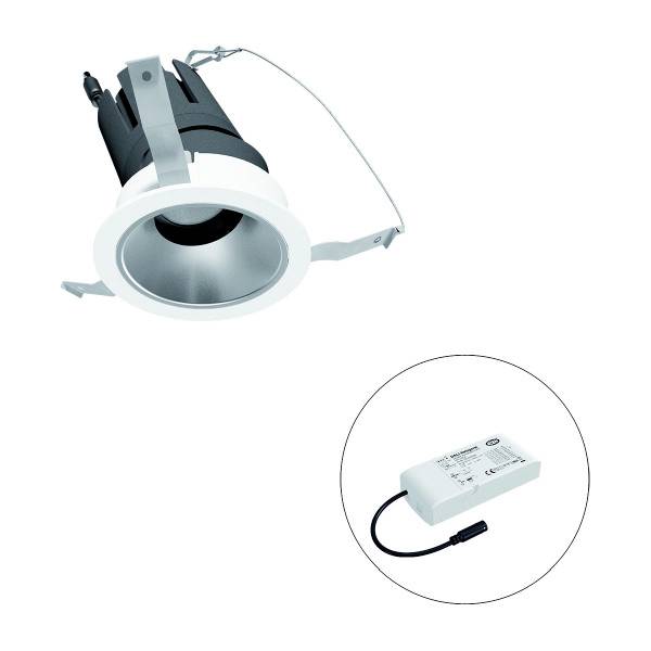 LED-Einbaustrahler mit rundem Rahmen und separatem Netzteil, geeignet zur Deckenmontage in Innenräumen.