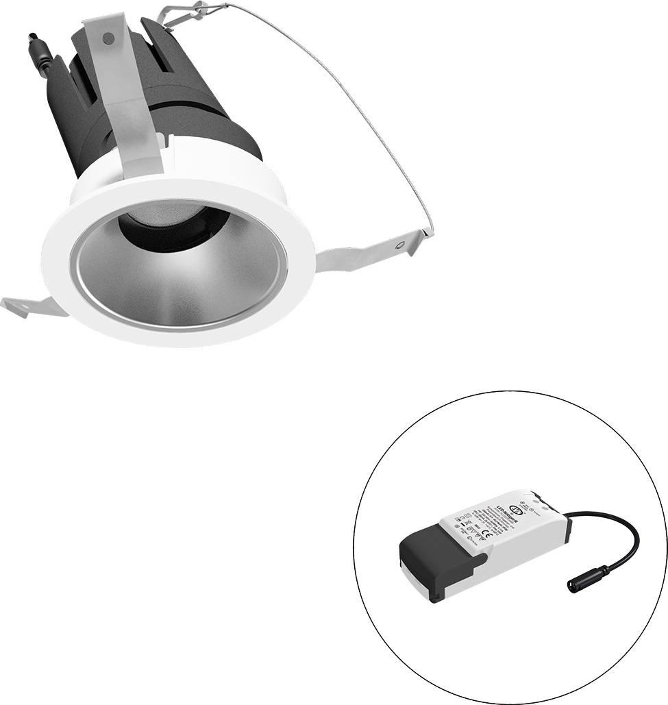 Eingelassene LED-Einbauleuchte mit Federclips, gezeigt mit einem separaten Treibermodul in einer kreisförmigen Vergrößerung.