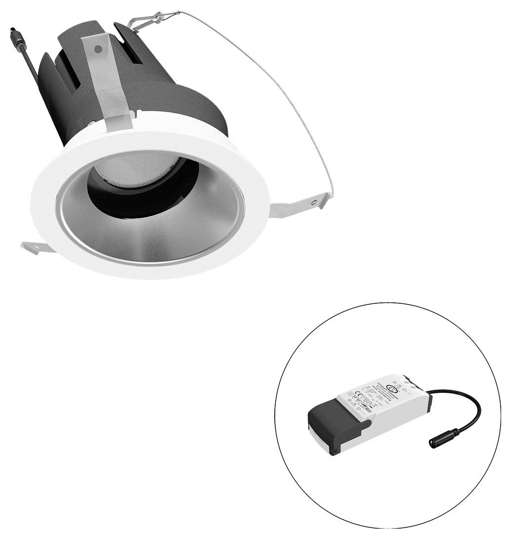 Eingebauter LED-Einbaustrahler mit separatem Treibermodul, dargestellt in einem Callout-Kreis.