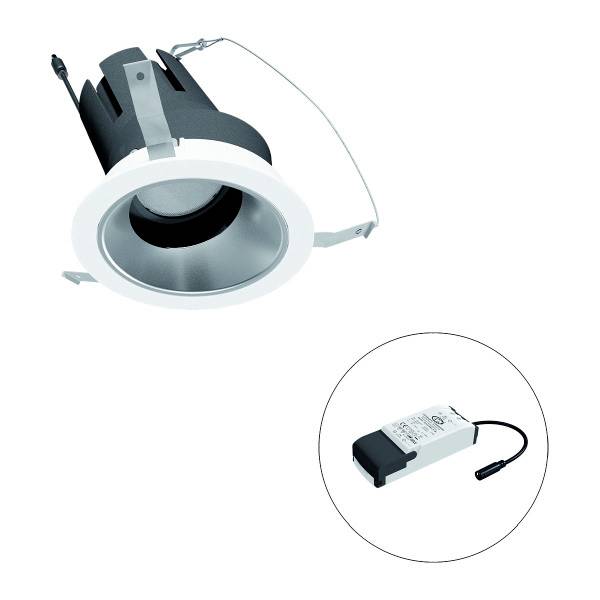 Einbauleuchte in rundem Design mit separatem LED-Treiber. Die Leuchte ist in Schwarz und Weiß gehalten, mit Kabelanschluss.