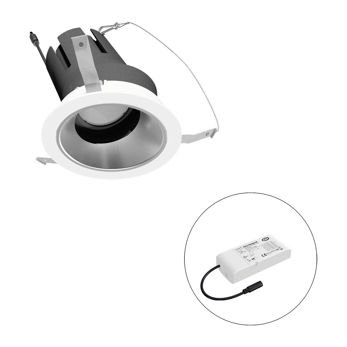 Einbau-LED-Spot mit rundem, weißem Rahmen und externem Treiber. Geeignet für Deckenbeleuchtung in Wohn- oder Geschäftsräumen.