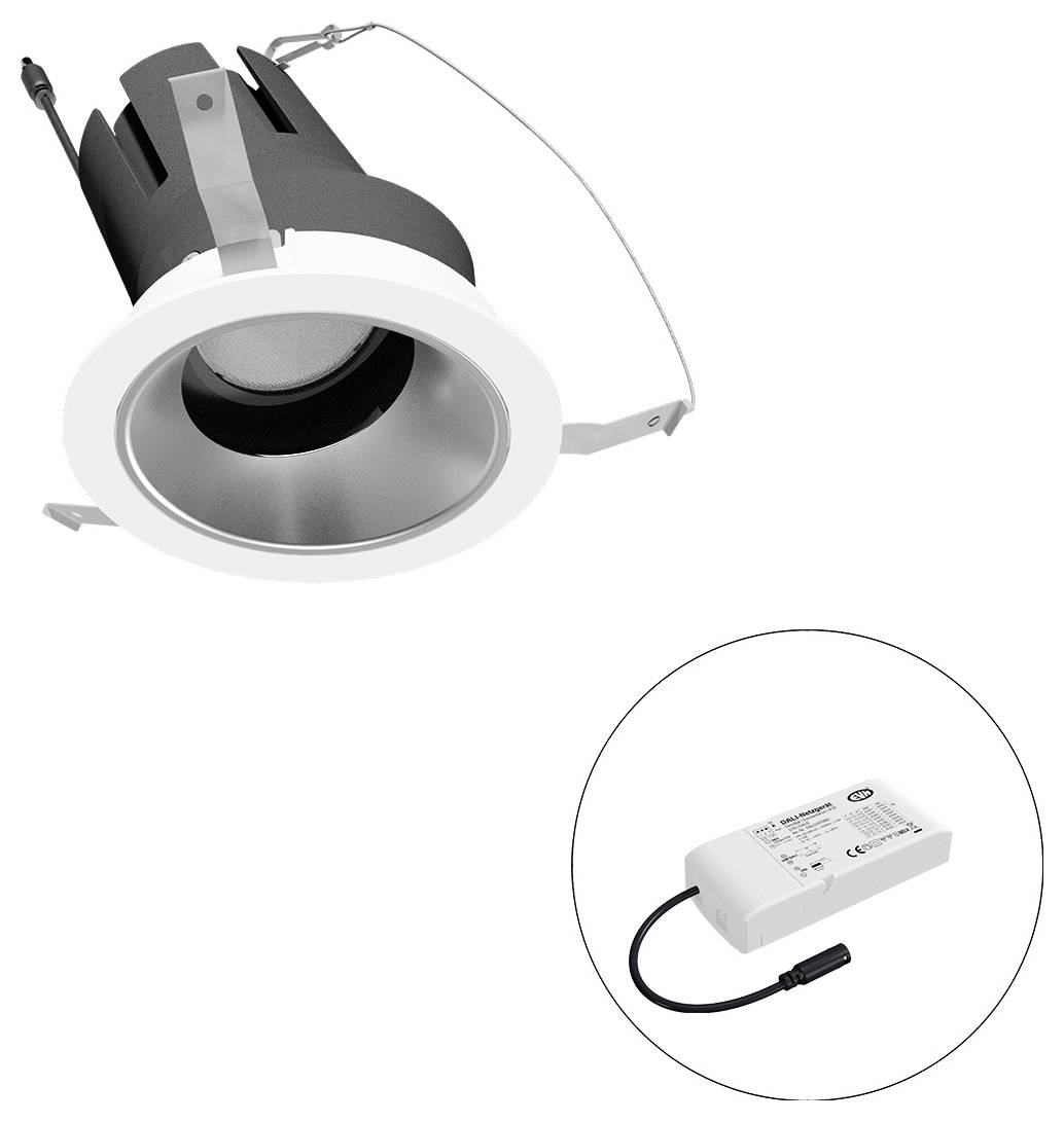 Eingebaute Deckenleuchte mit LED-Stromversorgung des Treibers, dargestellt in einem Inkreis.