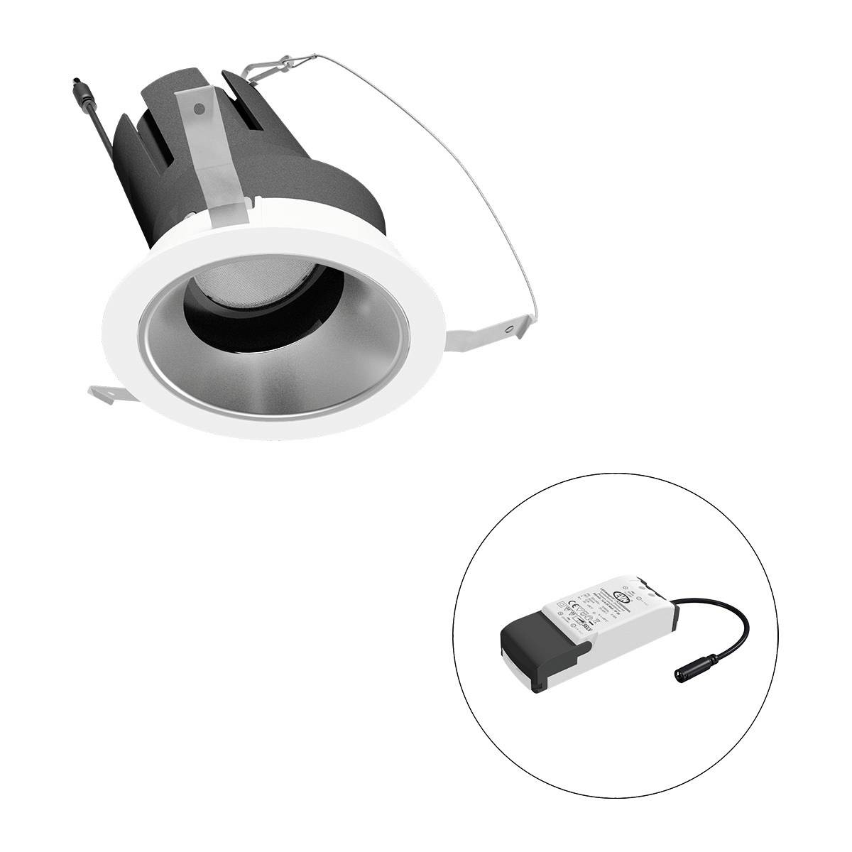 Einbaustrahler mit rundem Rahmen und schwarzem Gehäuse, daneben ein rechteckiger Treiber mit Anschlusskabel.