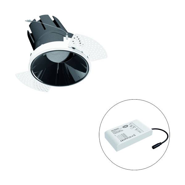 Deckenleuchte und separates Netzteil abgebildet; die Lampe hat einen runden, reflektierenden Schirm und verstellbare Einsätze.