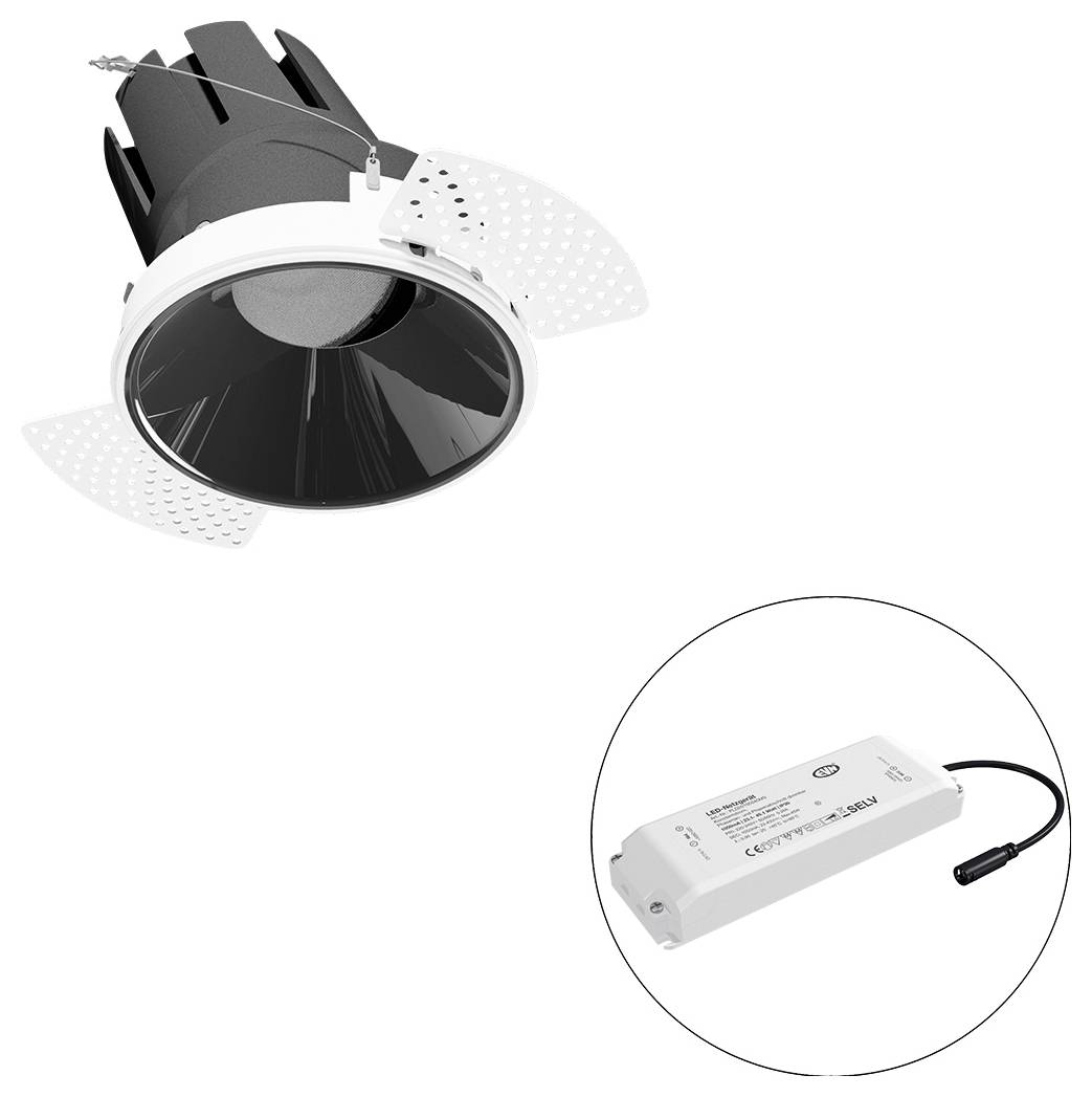Eingelassene LED-Downlight-Leuchte mit weißem Rahmen und separatem Treibermodul in einem kreisförmigen Ausschnitt dargestellt.