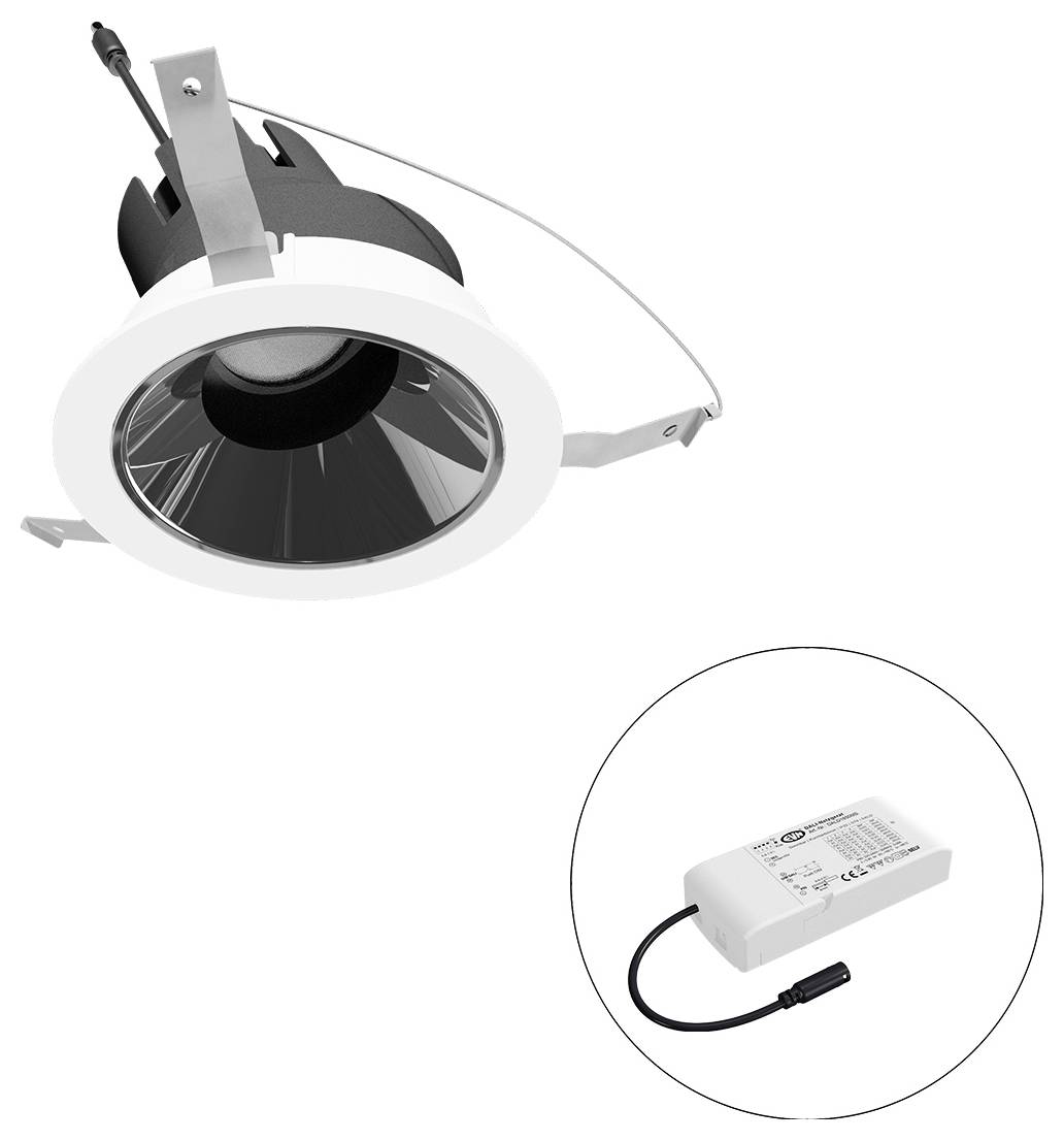 Eingelassene LED-Einbauleuchte mit Federklemmen und externem Treiber, dargestellt in einem Inset-Kreis.