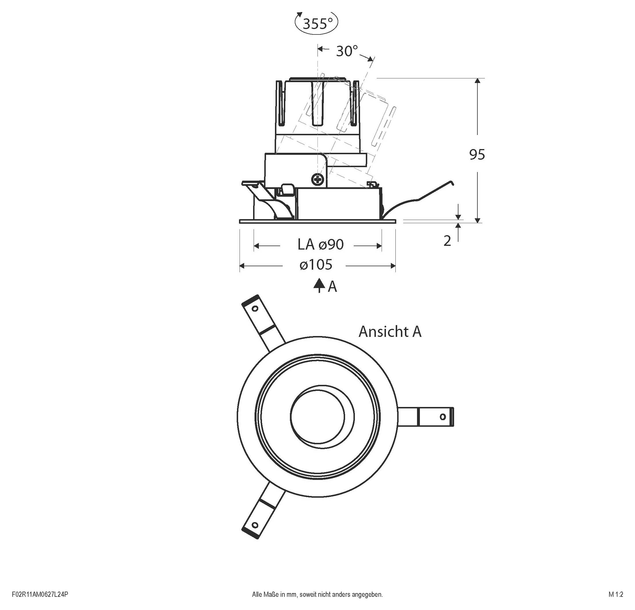 Technische Zeichnung einer runden mechanischen Komponente mit Seiten- und Draufsicht einschließlich Abmessungen, mit 355° Rotation, 30° Winkel, 95 Höhe und 105 Durchmesser.