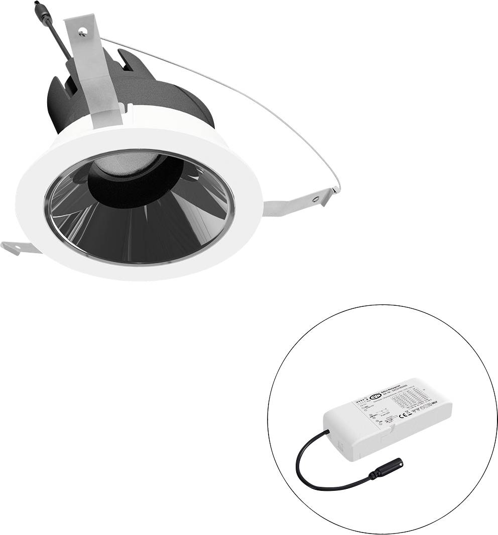 Eingebauter Deckeneinbaustrahler mit separatem LED-Treibermodul, dargestellt in einem eingefügten Kreis.