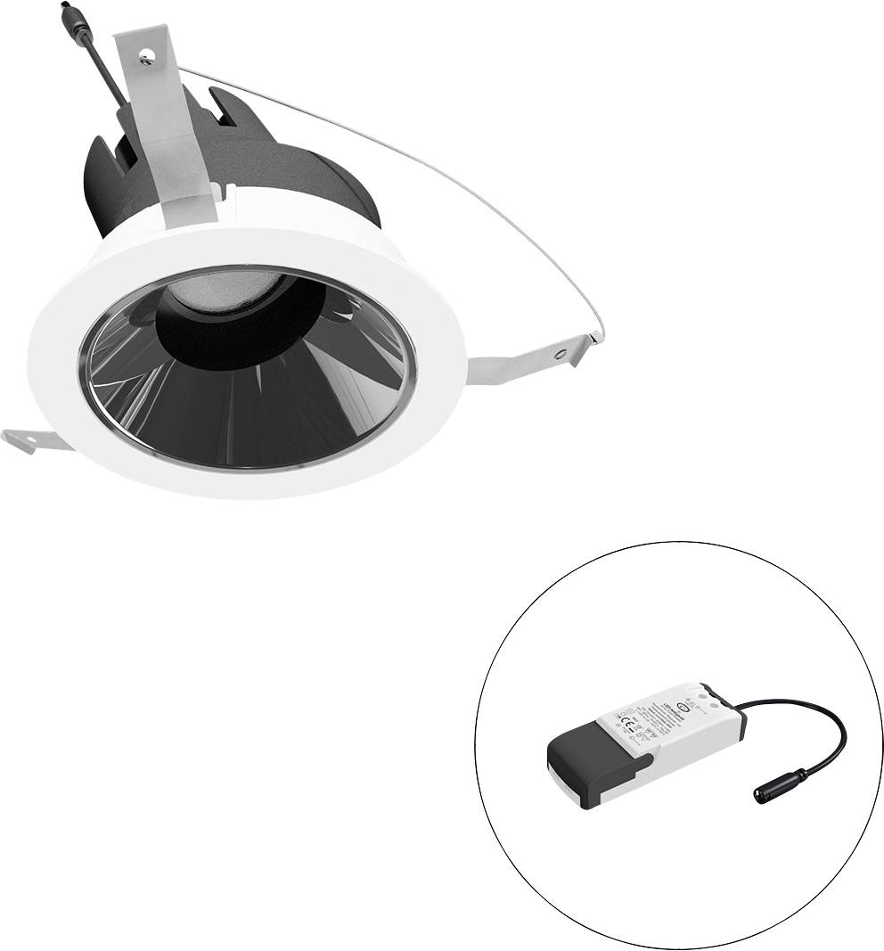 LED-Deckenstrahler in Weiß mit dunkler Einfassung und externem Transformator. Geeignet für Innenbeleuchtung.