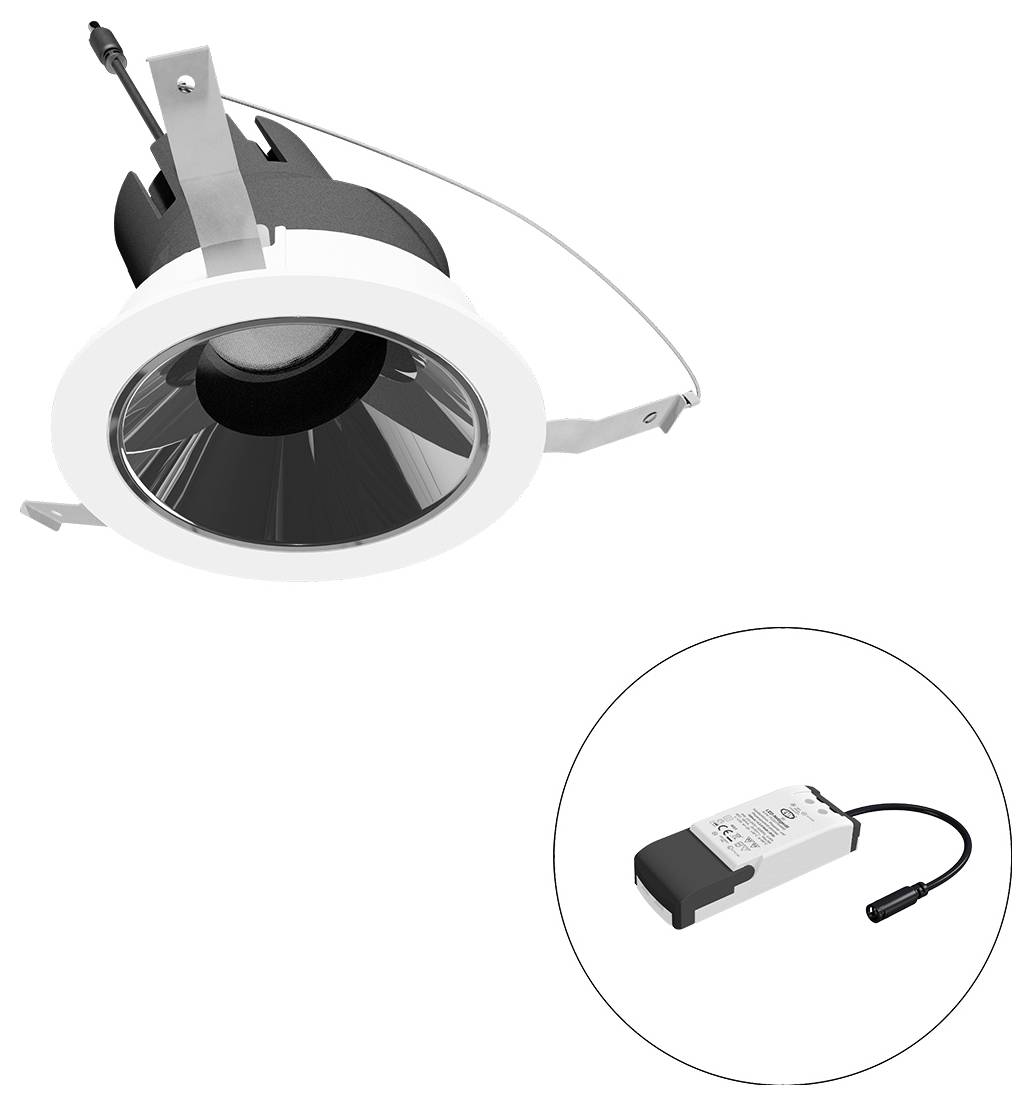 Eingebaute LED-Downlight-Leuchte mit Federklemmen und externem Treiber, dargestellt mit einer Nahaufnahme des Netzteils.