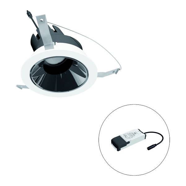 LED-Downlight mit silbernem Reflektor, passenden Befestigungsbügeln und externem Treiber, geeignet für Deckeninstallationen.