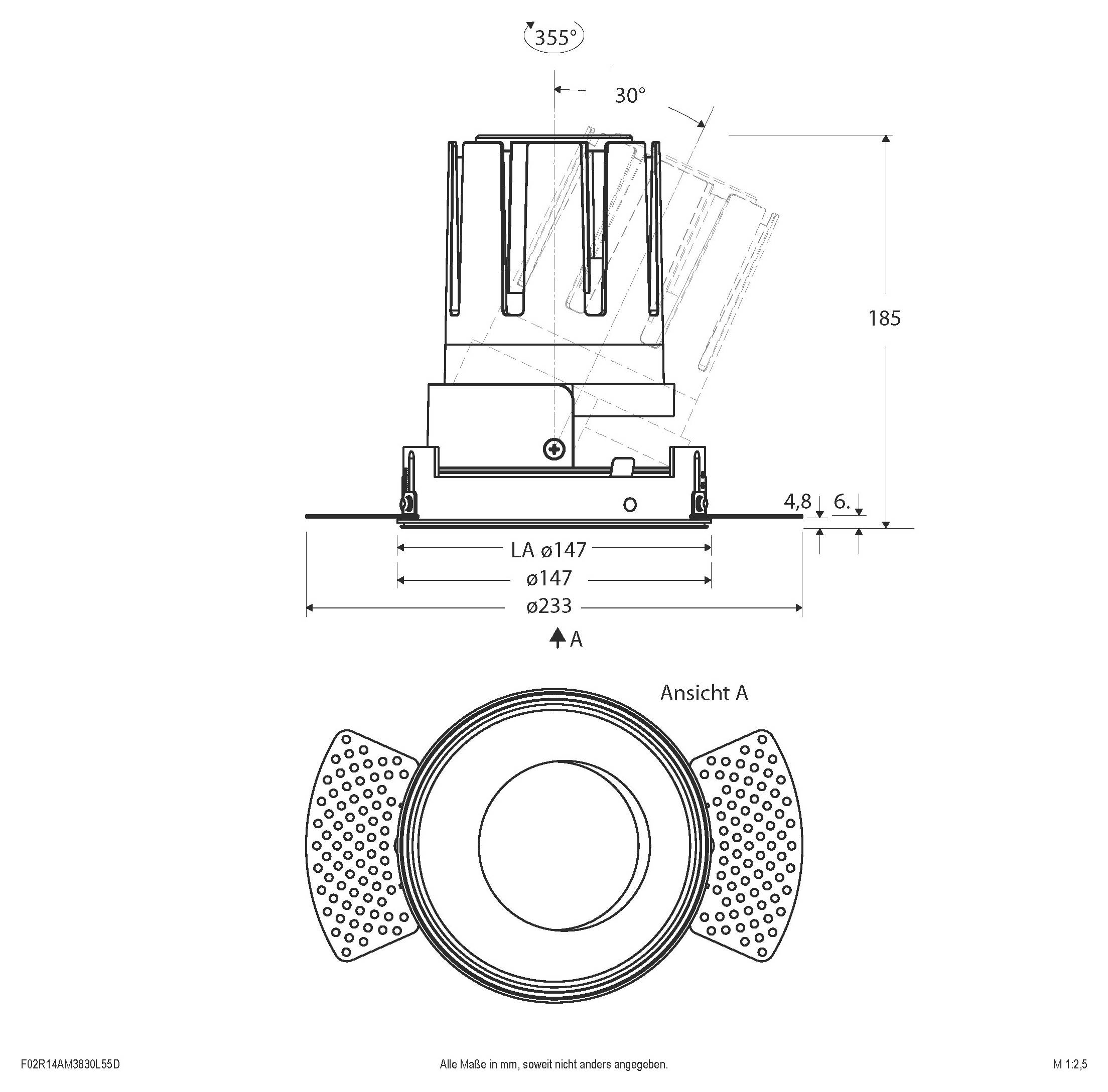 Technische Zeichnung einer zylindrischen mechanischen Komponente mit Seiten- und Draufsicht, die Abmessungen 185, 355°, 30° und Durchmesser 147 und 233 zeigt.