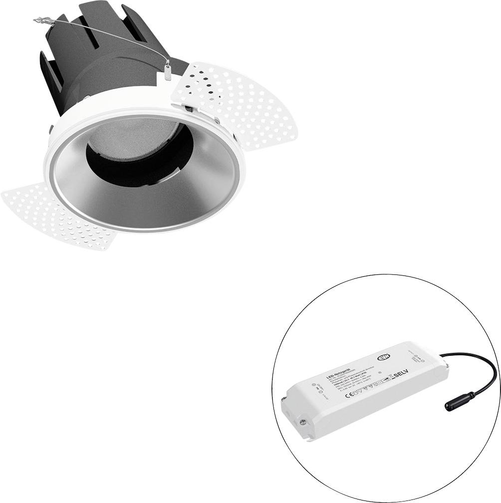 Ein runder Einbauspot mit integriertem Kühlkörper und ein separates rechteckiges LED-Treiber-Modul daneben gezeigt.