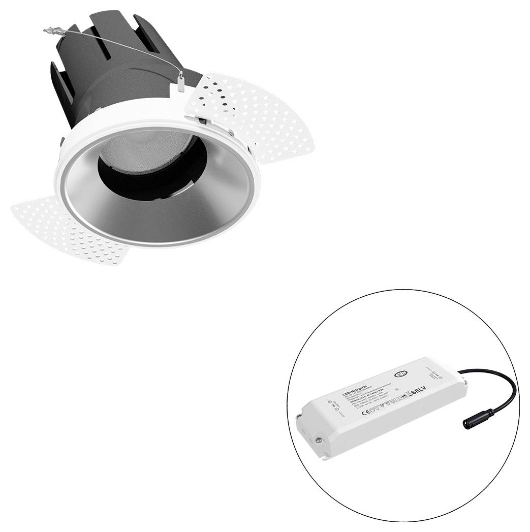 Eingebaute Downlight-Leuchte mit verstellbarem weißem Trim und schwarzem Gehäuse, plus ein separates LED-Treibermodul in einer kreisförmigen Einfügung dargestellt.