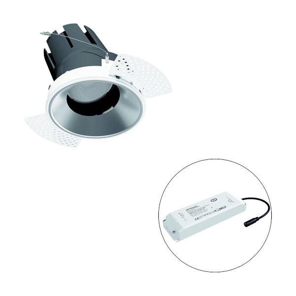 LED-Downlight in runder Form mit kühlendem Wärmemanagement und passendem externen Treiber daneben abgebildet. Ideal für Deckeneinbau.
